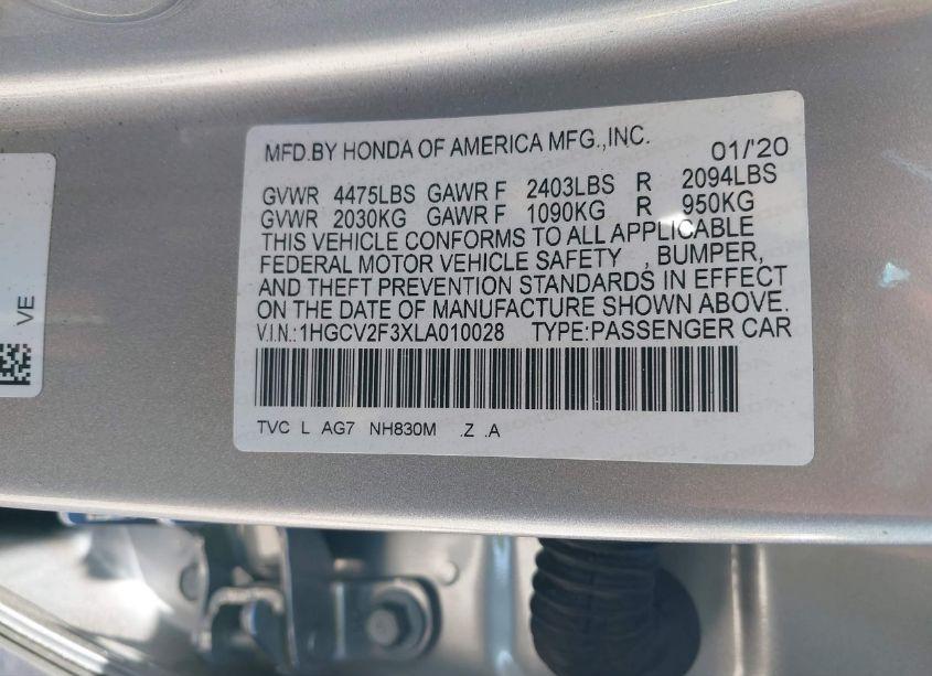 Photo 9 of 2020 Honda Accord SPORT 2.0T (VIN 1HGCV2F3XLA010028)