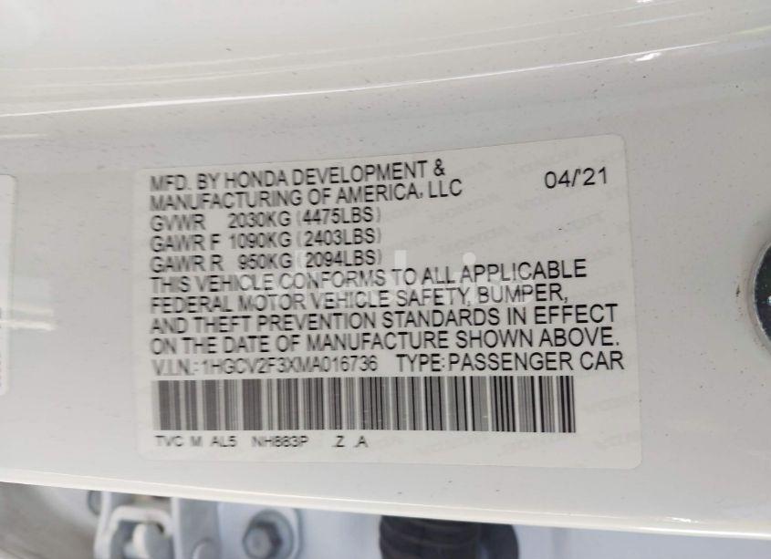 Photo 9 of 2021 Honda Accord SPORT 2.0T (VIN 1HGCV2F3XMA016736)