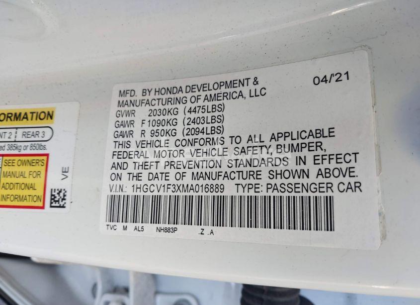 Photo 9 of 2021 Honda Accord SPORT 2.0T (VIN 1HGCV2F3XMA016980)