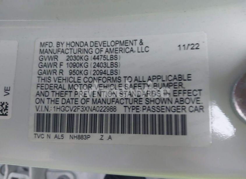 Photo 9 of 2022 Honda Accord SPORT 2.0T (VIN 1HGCV2F3XNA022988)