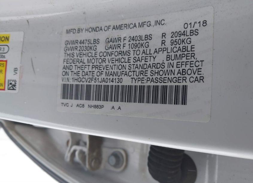 Photo 9 of 2018 Honda Accord EX-L 2.0T (VIN 1HGCV2F51JA014130)