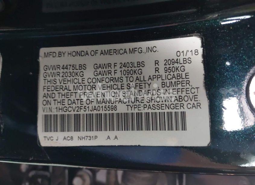 Photo 9 of 2018 Honda Accord EX-L 2.0T (VIN 1HGCV2F51JA015598)