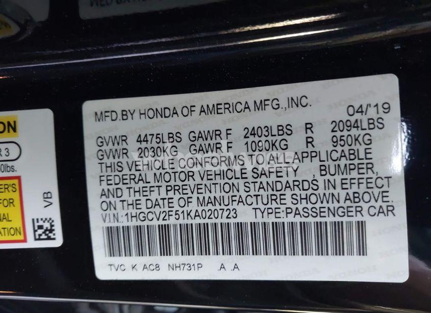 Photo 9 of 2019 Honda Accord EX-L 2.0T (VIN 1HGCV2F51KA020723)