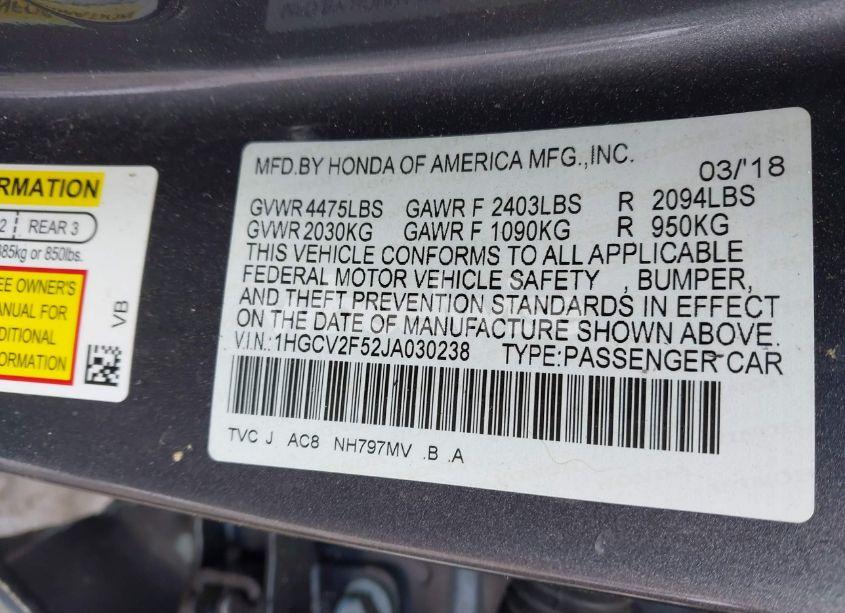 Photo 9 of 2018 Honda Accord EX-L 2.0T (VIN 1HGCV2F52JA030238)