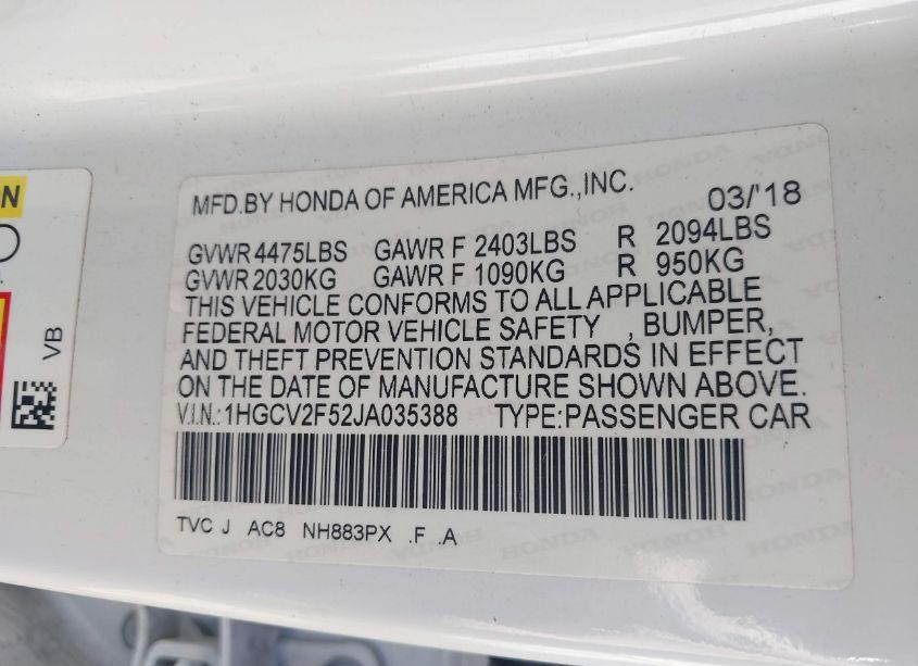 Photo 9 of 2018 Honda Accord EX-L 2.0T (VIN 1HGCV2F52JA035388)