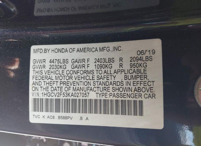 Photo 9 of 2019 Honda Accord EX-L 2.0T (VIN 1HGCV2F53KA027057)