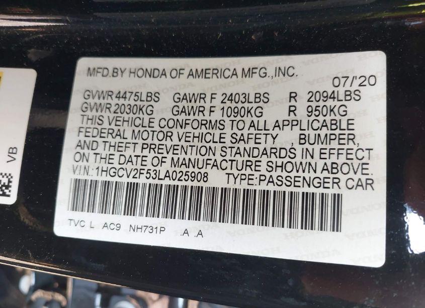 Photo 9 of 2020 Honda Accord EX-L 2.0T (VIN 1HGCV2F53LA025908)