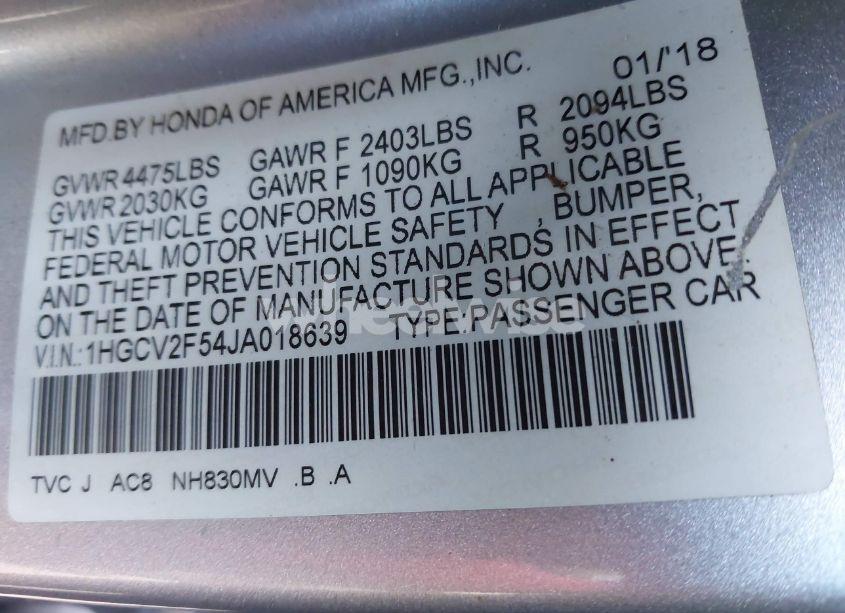 Photo 9 of 2018 Honda Accord EX-L 2.0T (VIN 1HGCV2F54JA018639)