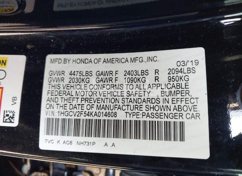 Photo 9 of 2019 Honda Accord EX-L 2.0T (VIN 1HGCV2F54KA014608)