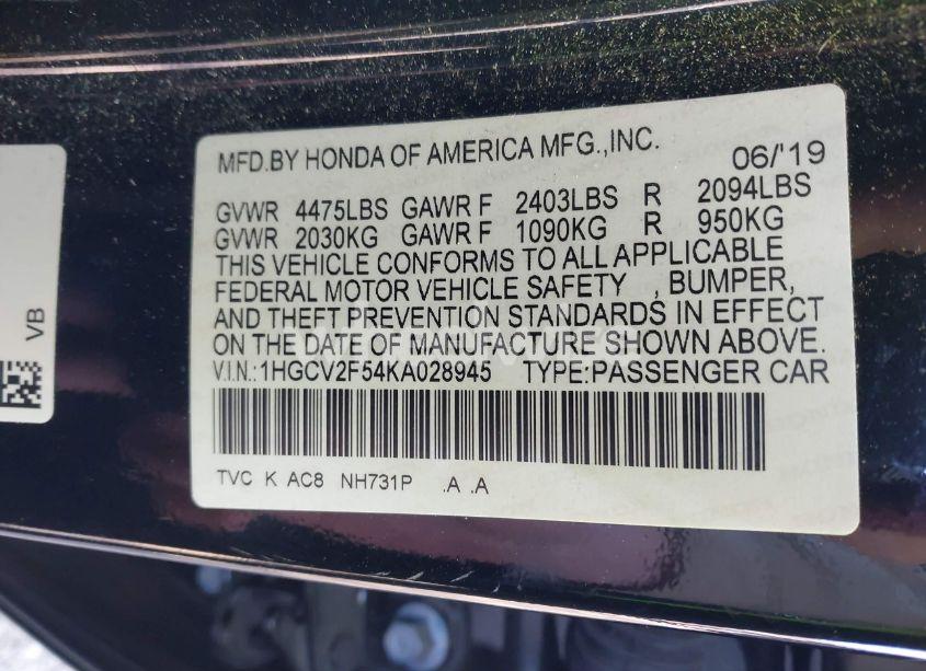 Photo 9 of 2019 Honda Accord EX-L 2.0T (VIN 1HGCV2F54KA028945)