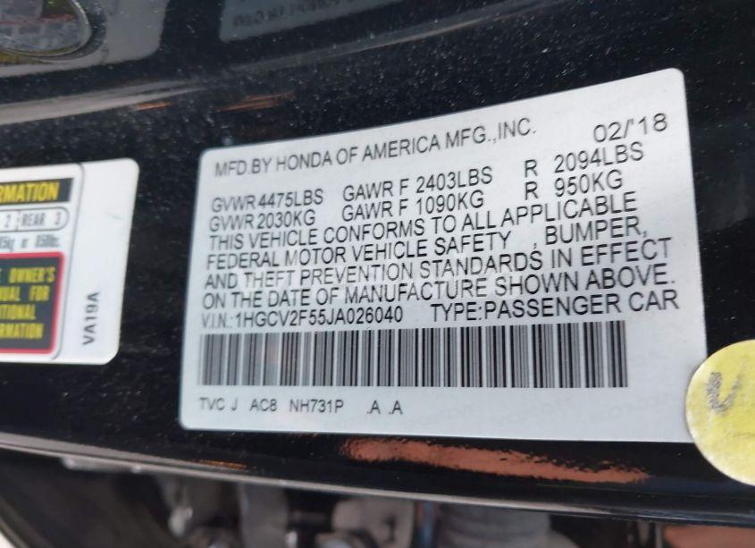 Photo 9 of 2018 Honda Accord EX-L 2.0T (VIN 1HGCV2F55JA026040)