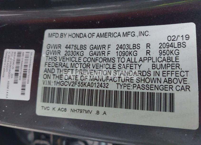 Photo 9 of 2019 Honda Accord EX-L 2.0T (VIN 1HGCV2F55KA012432)