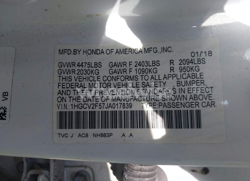 Photo 9 of 2018 Honda Accord EX-L 2.0T (VIN 1HGCV2F57JA017839)