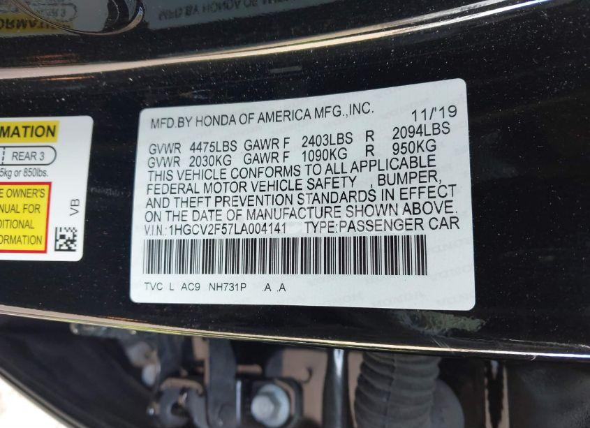 Photo 9 of 2020 Honda Accord EX-L 2.0T (VIN 1HGCV2F57LA004141)