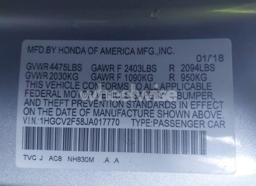 Photo 9 of 2018 Honda Accord EX-L 2.0T (VIN 1HGCV2F58JA017770)