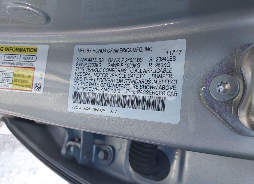 Photo 9 of 2018 Honda Accord EX-L 2.0T (VIN 1HGCV2F5XJA001912)