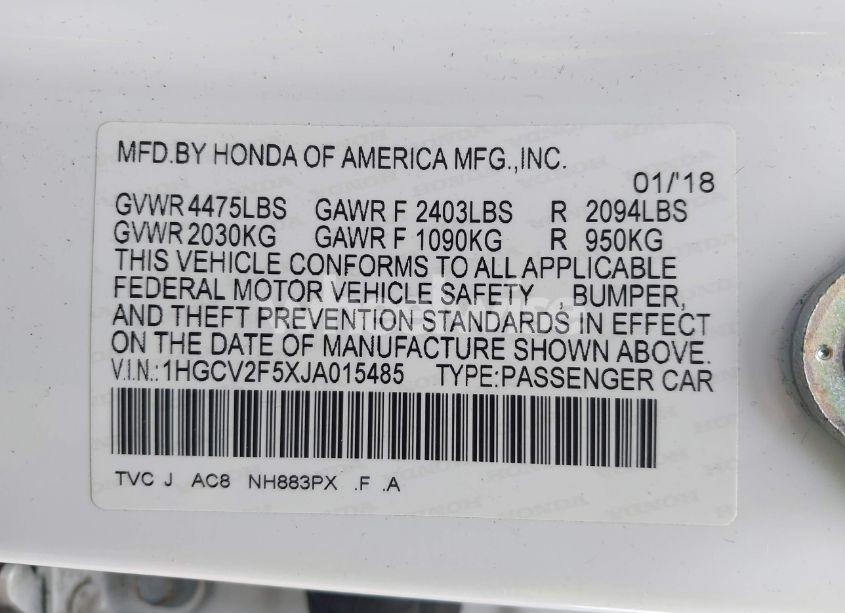 Photo 9 of 2018 Honda Accord EX-L 2.0T (VIN 1HGCV2F5XJA015485)