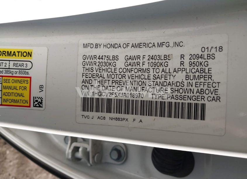 Photo 9 of 2018 Honda Accord EX-L 2.0T (VIN 1HGCV2F5XJA018970)