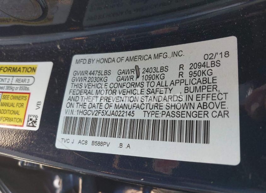 Photo 9 of 2018 Honda Accord EX-L 2.0T (VIN 1HGCV2F5XJA022145)