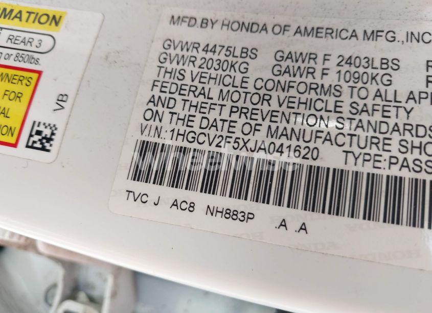 Photo 9 of 2018 Honda Accord EX-L 2.0T (VIN 1HGCV2F5XJA041620)