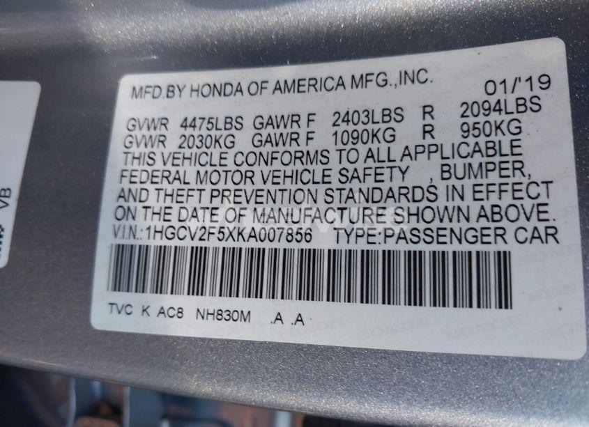 Photo 9 of 2019 Honda Accord EX-L 2.0T (VIN 1HGCV2F5XKA007856)