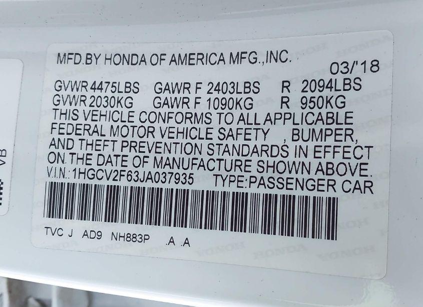 Photo 9 of 2018 Honda Accord EX-L 2.0T (VIN 1HGCV2F63JA037935)