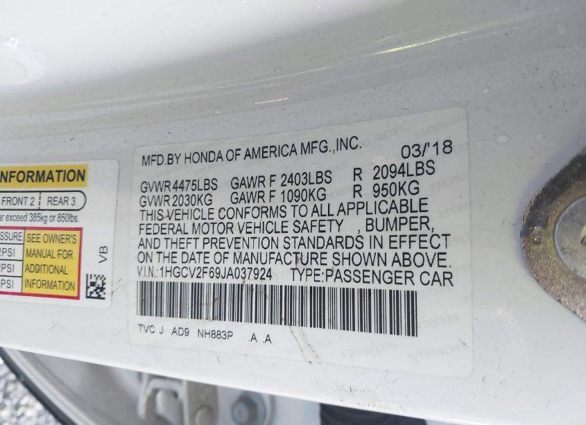 Photo 9 of 2018 Honda Accord EX-L 2.0T (VIN 1HGCV2F69JA037924)