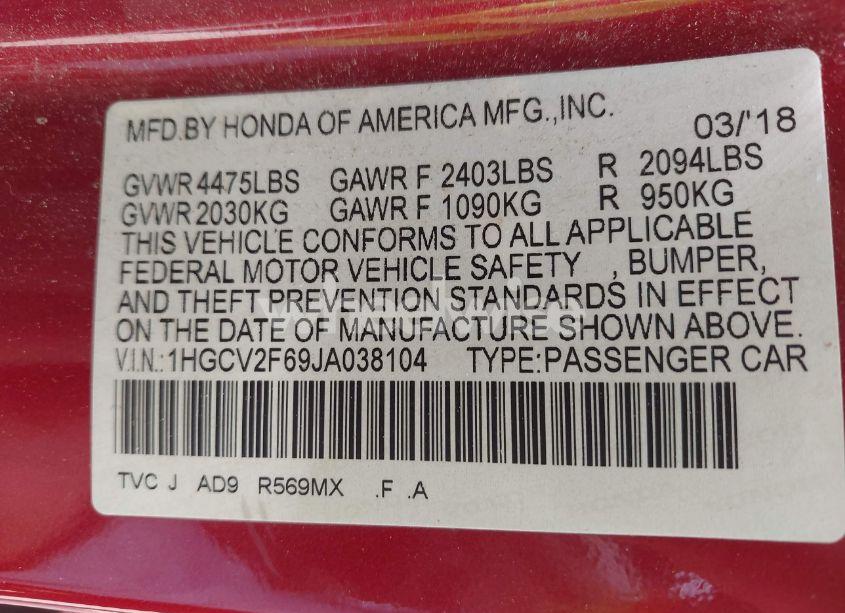 Photo 9 of 2018 Honda Accord EX-L 2.0T (VIN 1HGCV2F69JA038104)