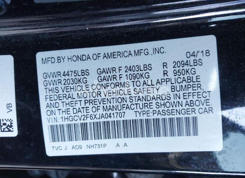 Photo 9 of 2018 Honda Accord EX-L 2.0T (VIN 1HGCV2F6XJA041707)