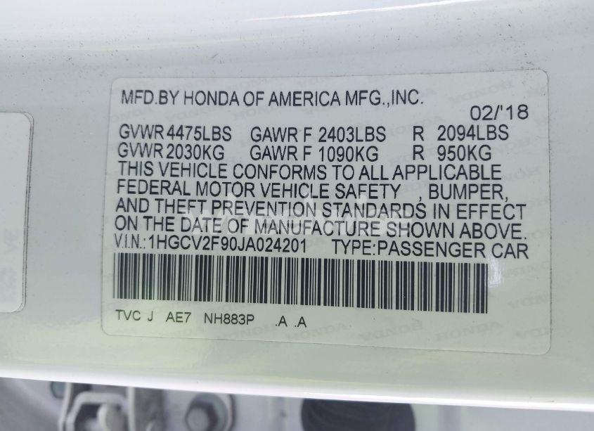 Photo 9 of 2018 Honda Accord TOURING 2.0T (VIN 1HGCV2F90JA024201)