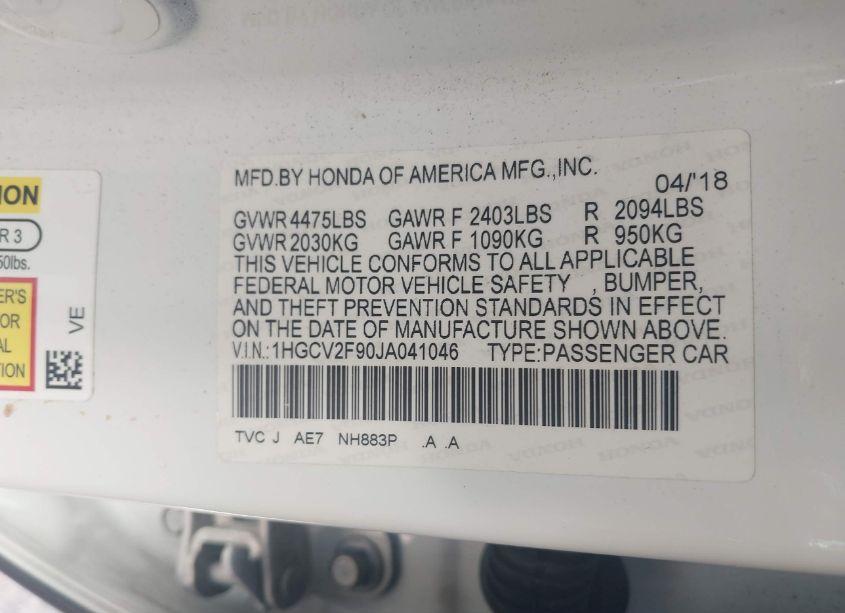 Photo 9 of 2018 Honda Accord TOURING 2.0T (VIN 1HGCV2F90JA041046)