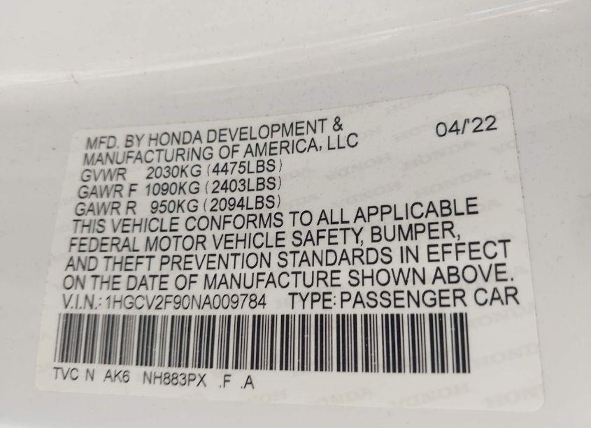 Photo 9 of 2022 Honda Accord TOURING (VIN 1HGCV2F90NA009784)