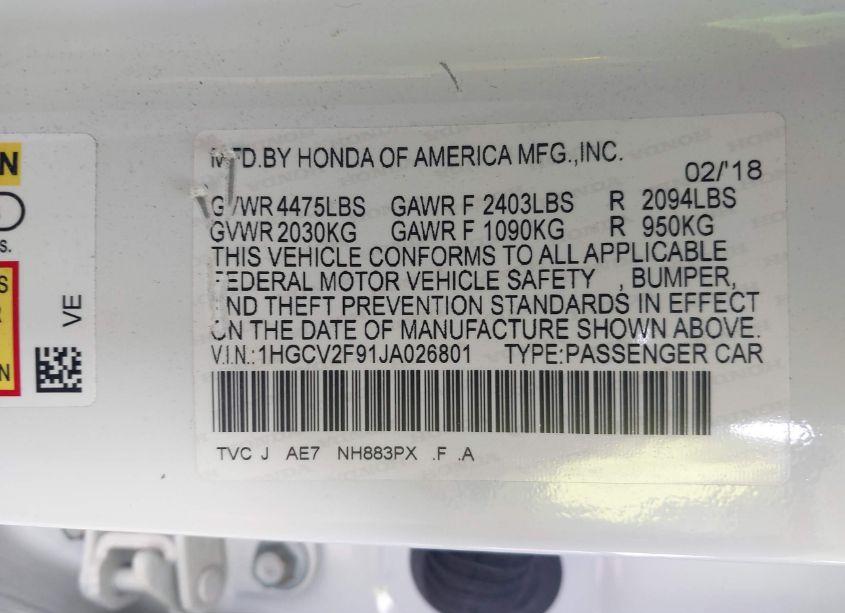 Photo 9 of 2018 Honda Accord TOURING 2.0T (VIN 1HGCV2F91JA026801)