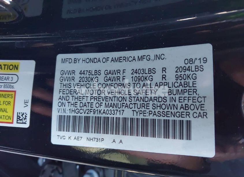 Photo 9 of 2019 Honda Accord TOURING 2.0T (VIN 1HGCV2F91KA033717)