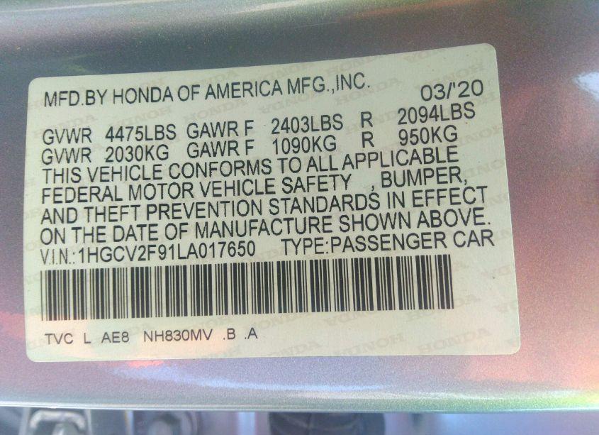 Photo 9 of 2020 Honda Accord TOURING (VIN 1HGCV2F91LA017650)
