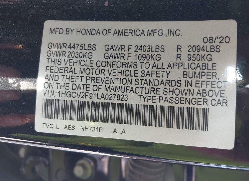 Photo 9 of 2020 Honda Accord TOURING (VIN 1HGCV2F91LA027823)
