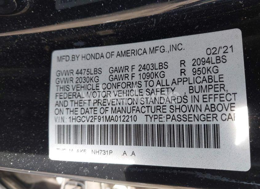 Photo 9 of 2021 Honda Accord TOURING (VIN 1HGCV2F91MA012210)