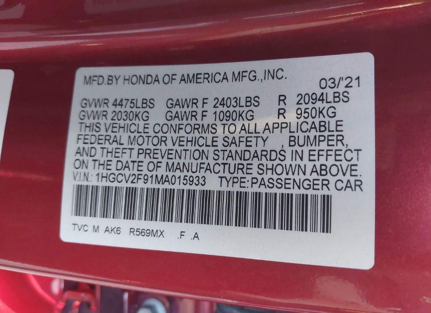 Photo 9 of 2021 Honda Accord TOURING (VIN 1HGCV2F91MA015933)