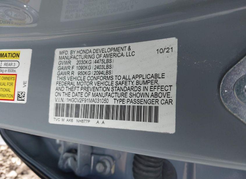 Photo 9 of 2021 Honda Accord TOURING (VIN 1HGCV2F91MA031050)
