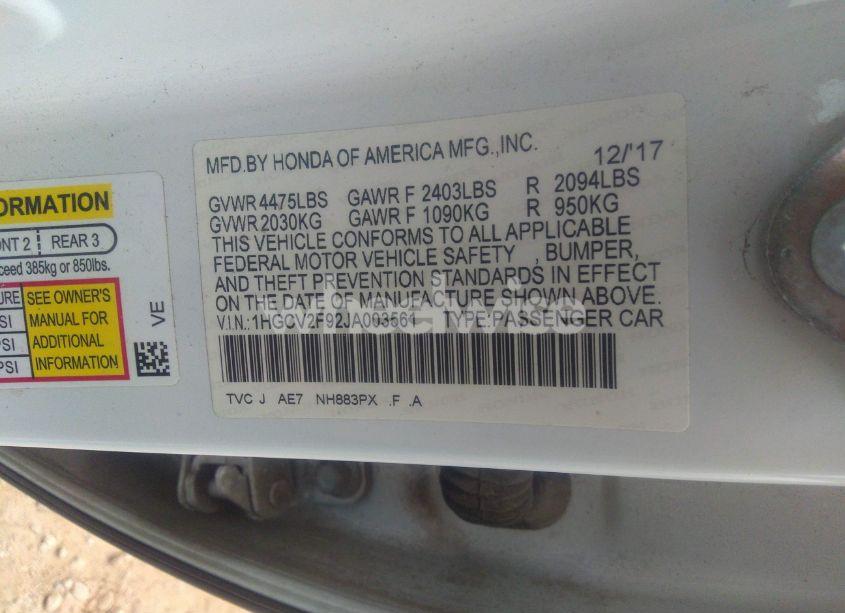 Photo 9 of 2018 Honda Accord TOURING 2.0T (VIN 1HGCV2F92JA003561)