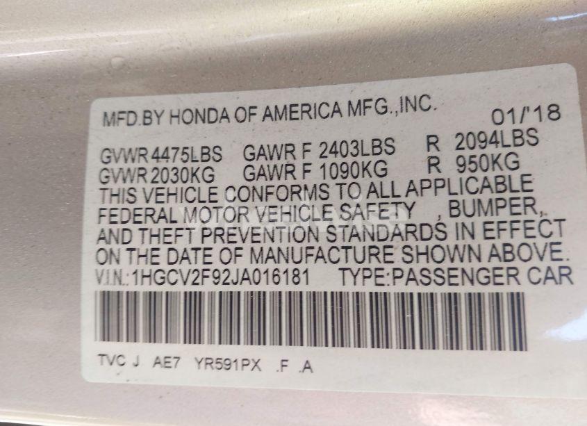 Photo 9 of 2018 Honda Accord TOURING 2.0T (VIN 1HGCV2F92JA016181)