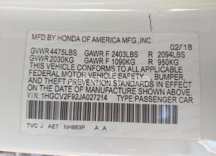 Photo 9 of 2018 Honda Accord TOURING 2.0T (VIN 1HGCV2F92JA027214)