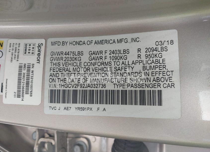 Photo 9 of 2018 Honda Accord TOURING 2.0T (VIN 1HGCV2F92JA032736)