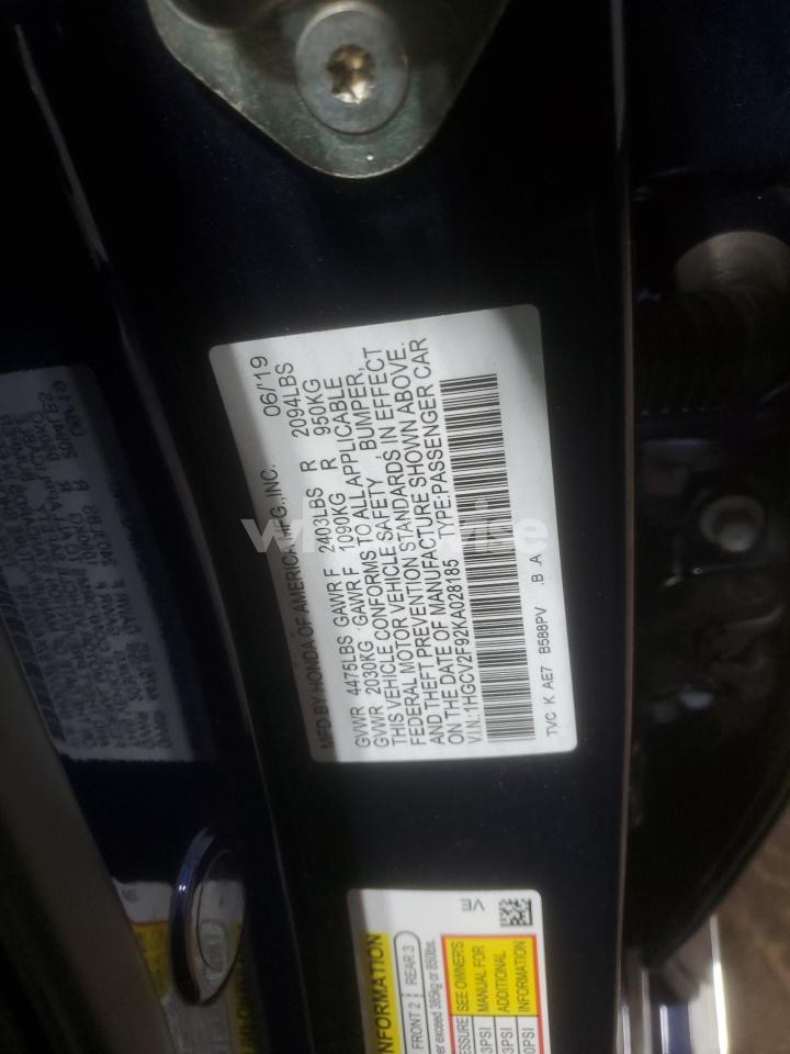 Photo 12 of 2019 HONDA ACCORD TOURING (VIN 1HGCV2F92KA028185)
