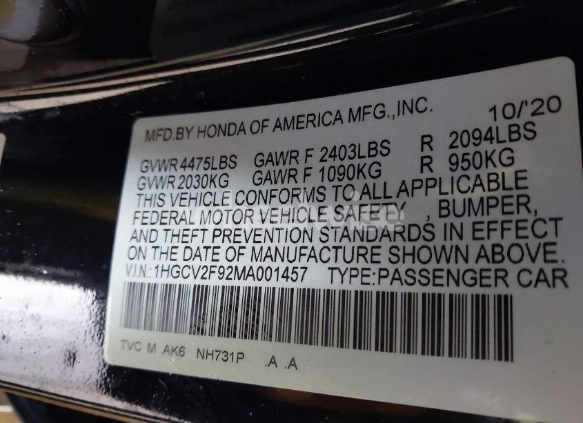 Photo 9 of 2021 Honda Accord TOURING (VIN 1HGCV2F92MA001457)