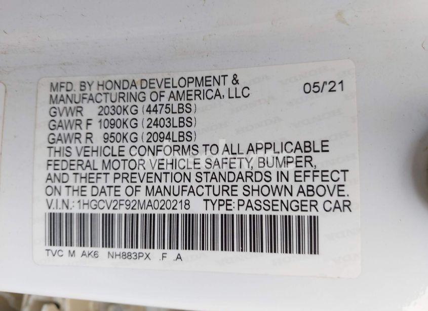 Photo 9 of 2021 Honda Accord TOURING (VIN 1HGCV2F92MA020218)