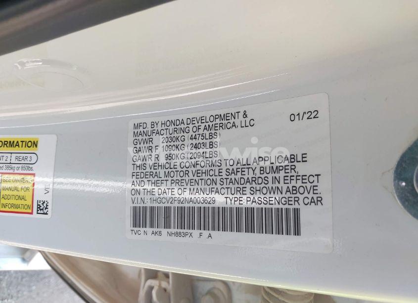 Photo 9 of 2022 Honda Accord TOURING (VIN 1HGCV2F92NA003629)