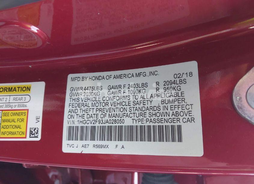 Photo 9 of 2018 Honda Accord TOURING 2.0T (VIN 1HGCV2F93JA028050)