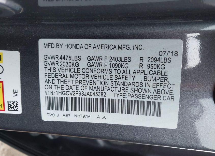 Photo 9 of 2018 Honda Accord TOURING 2.0T (VIN 1HGCV2F93JA045382)