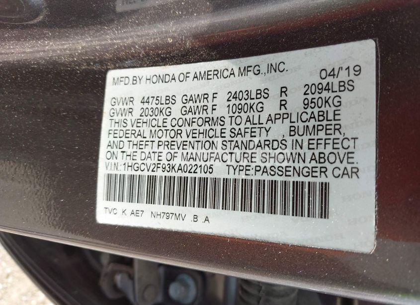 Photo 9 of 2019 Honda Accord TOURING 2.0T (VIN 1HGCV2F93KA022105)